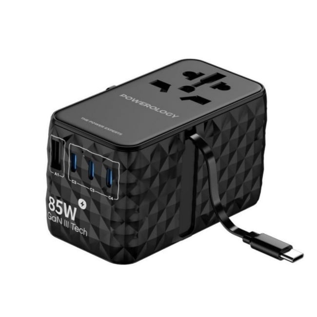 Powerology Universal Gan 85W Super Charger with Type-C Retractable Cable