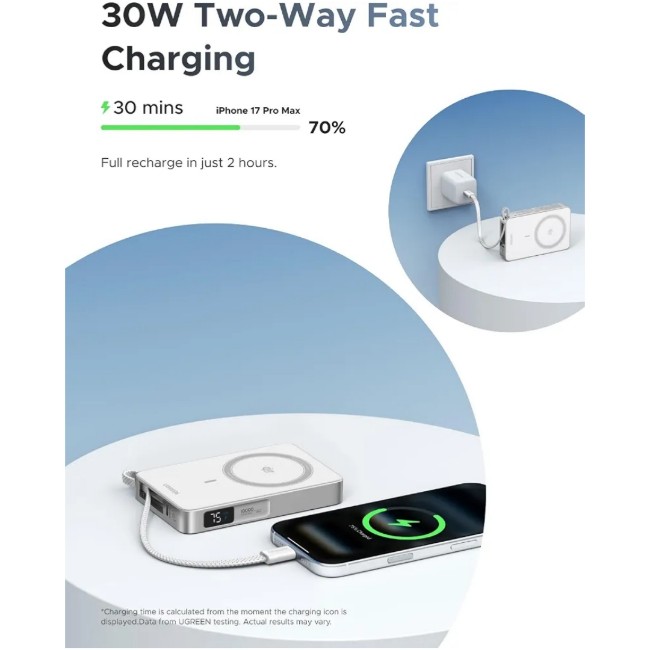 UGREEN 95027B MagFlow Qi2 25W 10000mAh Two-Way Fast Charging Magnetic Power Bank With Built-in USB-C Cable
