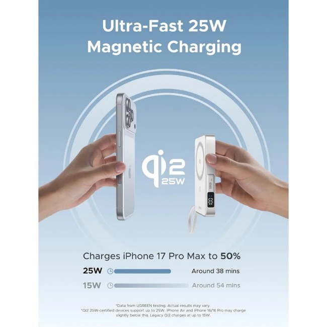 UGREEN 95027B MagFlow Qi2 25W 10000mAh Two-Way Fast Charging Magnetic Power Bank With Built-in USB-C Cable